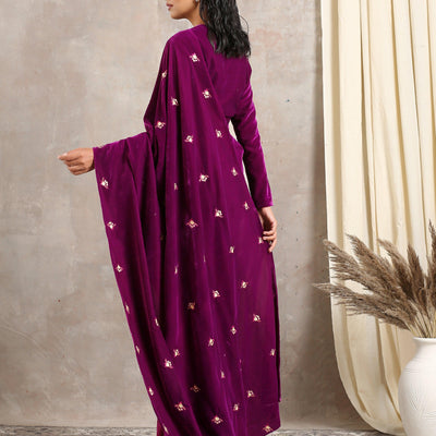 Wine Velvet Silk Embroidered Ready To Wear Saree