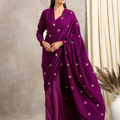 Wine Velvet Silk Embroidered Ready To Wear Saree