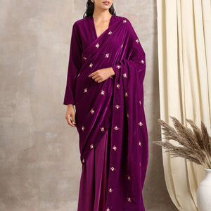 Wine Velvet Silk Embroidered Ready To Wear Saree