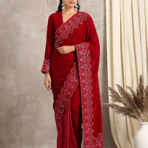 Red Velvet Silk Embroidered Ready To Wear Saree