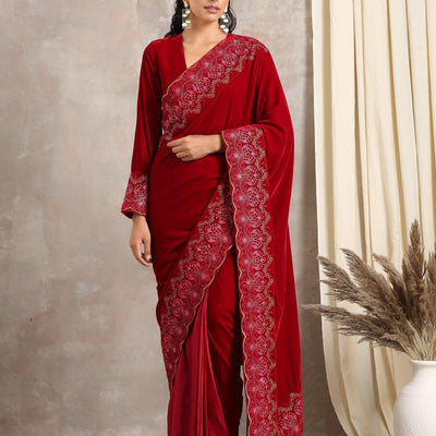 Red Velvet Silk Embroidered Ready To Wear Saree