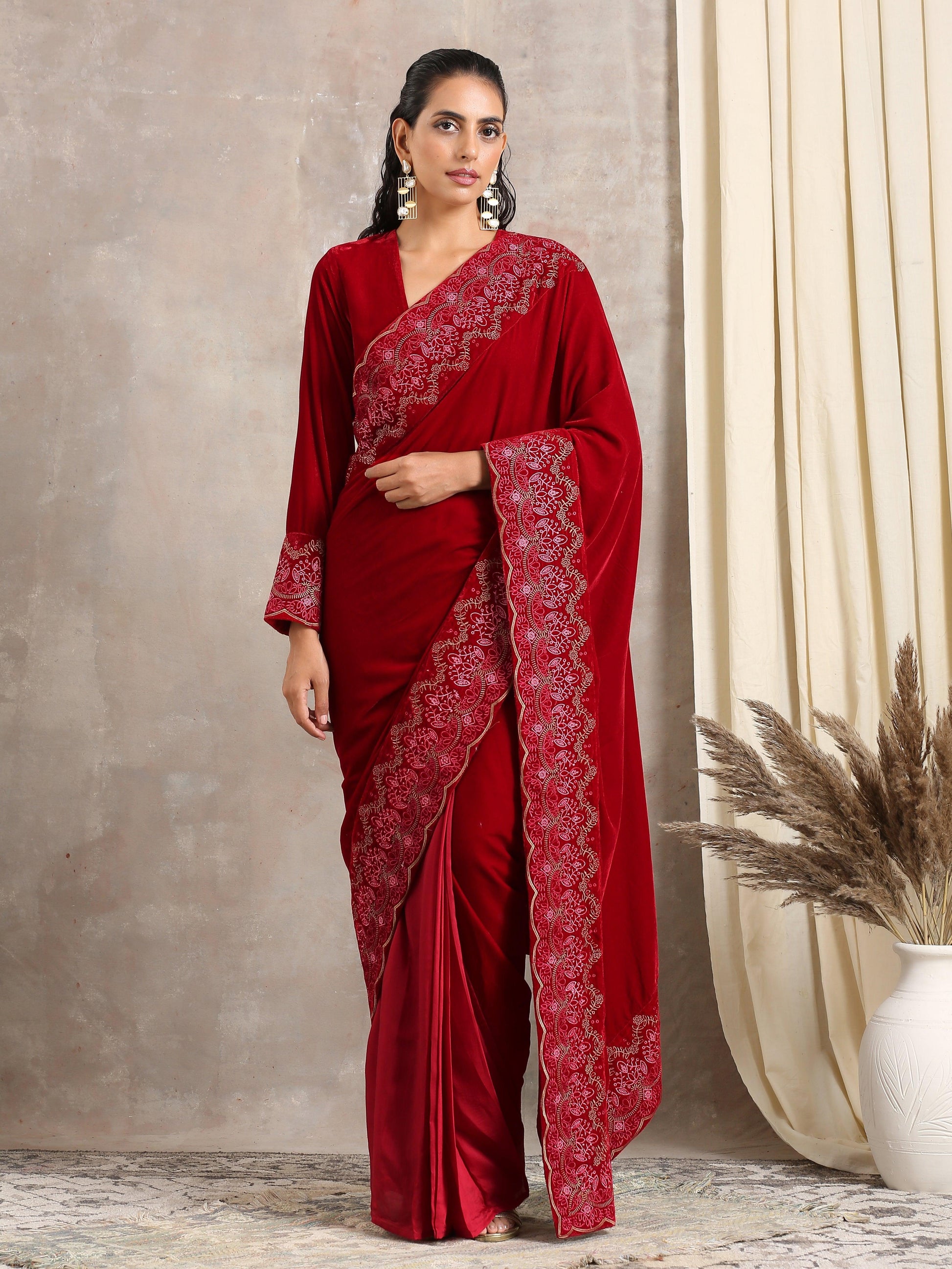 Red Velvet Silk Embroidered Ready To Wear Saree