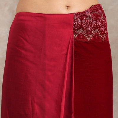 Red Velvet Silk Embroidered Ready To Wear Saree