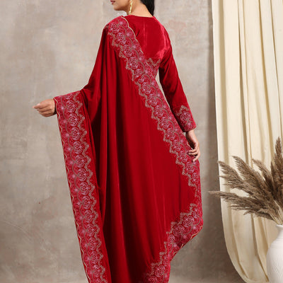 Red Velvet Silk Embroidered Ready To Wear Saree