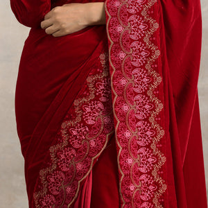 Red Velvet Silk Embroidered Ready To Wear Saree