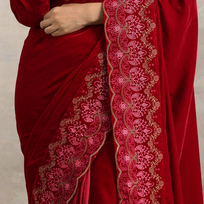 Red Velvet Silk Embroidered Ready To Wear Saree