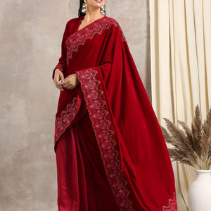 Red Velvet Silk Embroidered Ready To Wear Saree