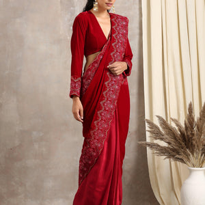Red Velvet Silk Embroidered Ready To Wear Saree