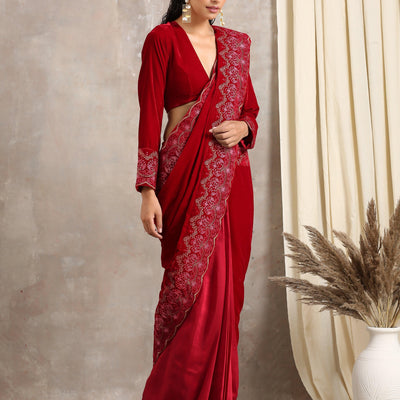 Red Velvet Silk Embroidered Ready To Wear Saree