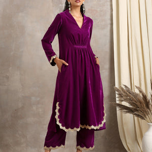 Wine Velvet Lace Kurta Pant Set | Relove