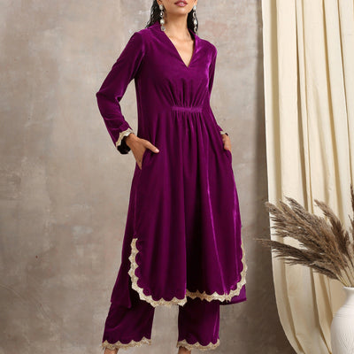 Wine Velvet Lace Kurta Pant Set | Relove