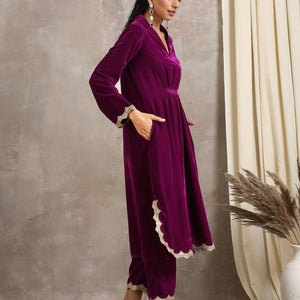 Wine Velvet Lace Kurta Pant Set | Relove