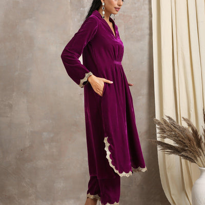 Wine Velvet Lace Kurta Pant Set | Relove