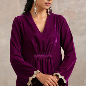 Wine Velvet Lace Kurta Pant Set | Relove