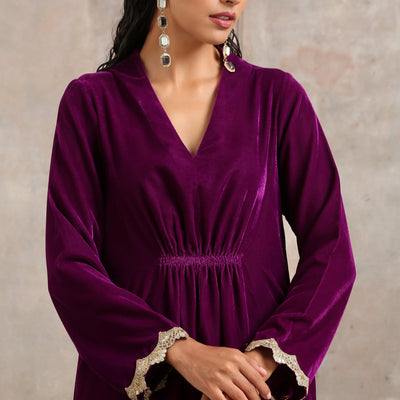 Wine Velvet Lace Kurta Pant Set | Relove