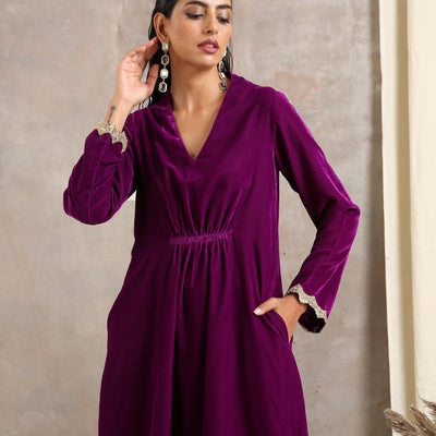 Wine Velvet Lace Kurta Pant Set | Relove