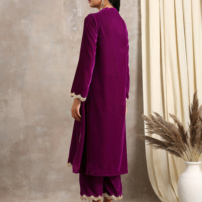 Wine Velvet Lace Kurta Pant Set | Relove