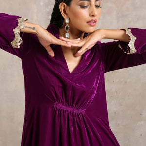 Wine Velvet Lace Kurta Pant Set | Relove
