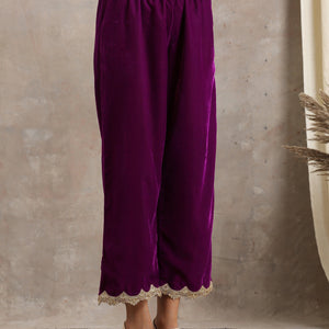 Wine Velvet Lace Kurta Pant Set | Relove
