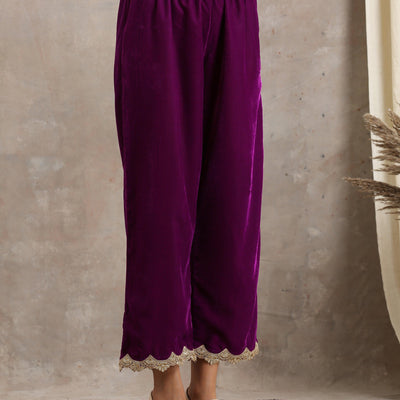 Wine Velvet Lace Kurta Pant Set | Relove