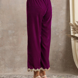 Wine Velvet Lace Kurta Pant Set | Relove