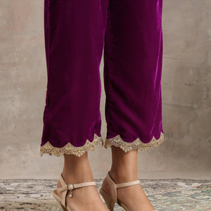 Wine Velvet Lace Kurta Pant Set | Relove