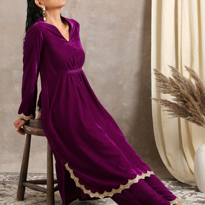 Wine Velvet Lace Kurta Pant Set | Relove