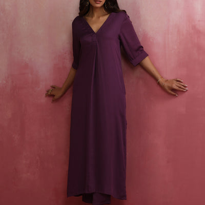 trueBrowns Purple Modal Pleated Kurta Set