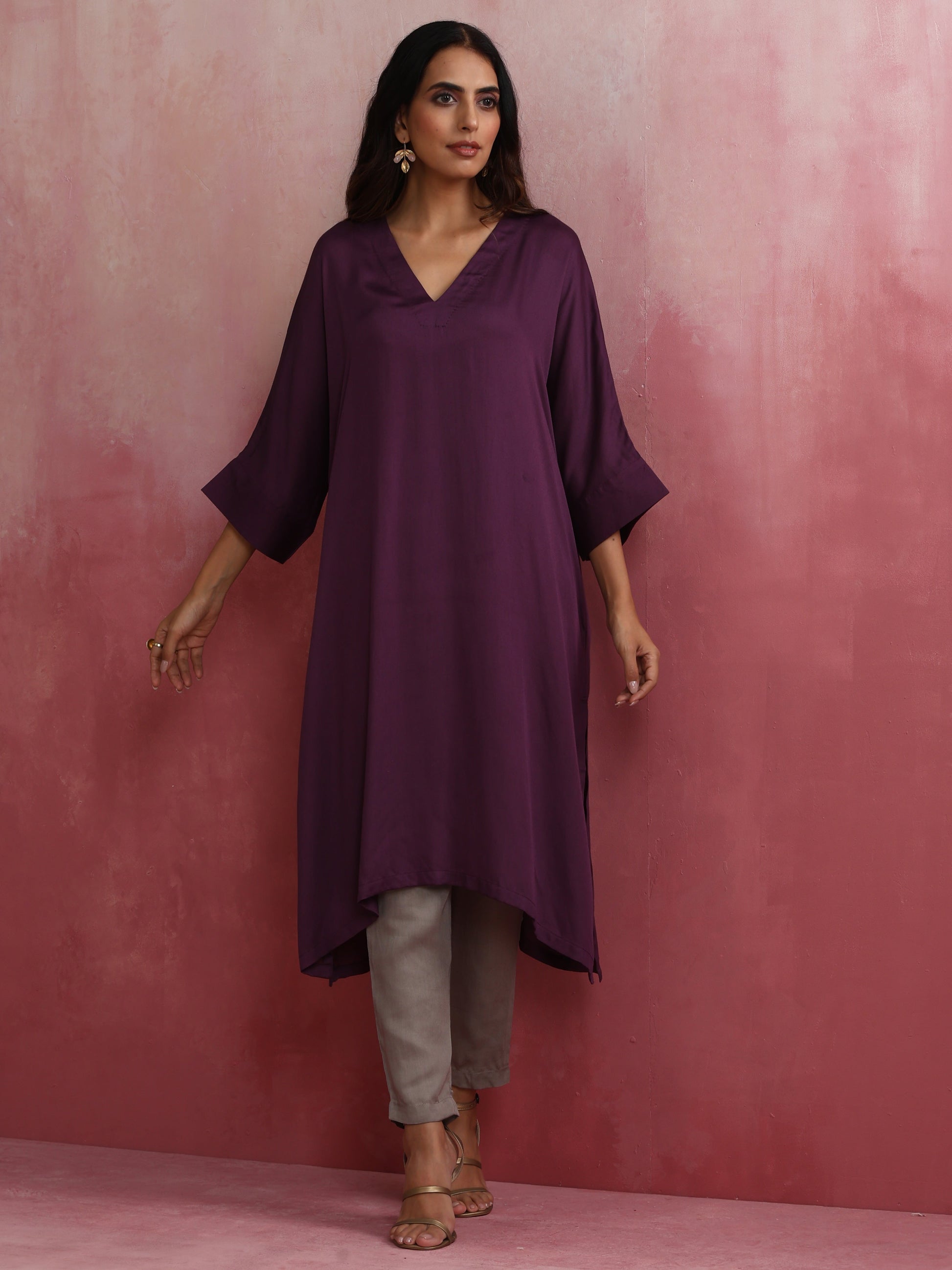 trueBrowns Purple Modal Kimono Kurta Set