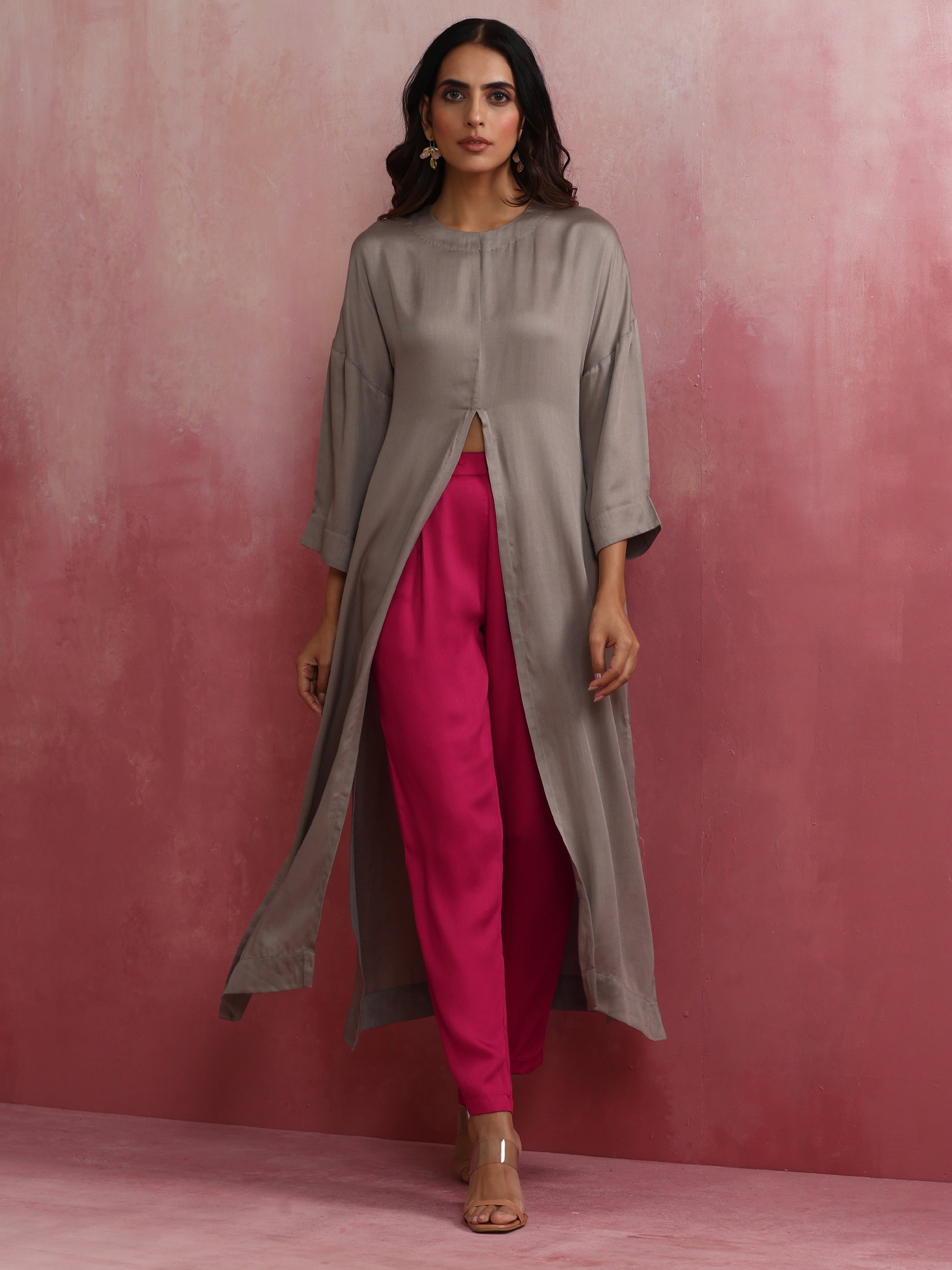 trueBrowns Grey High Slit Modal Kurta Set