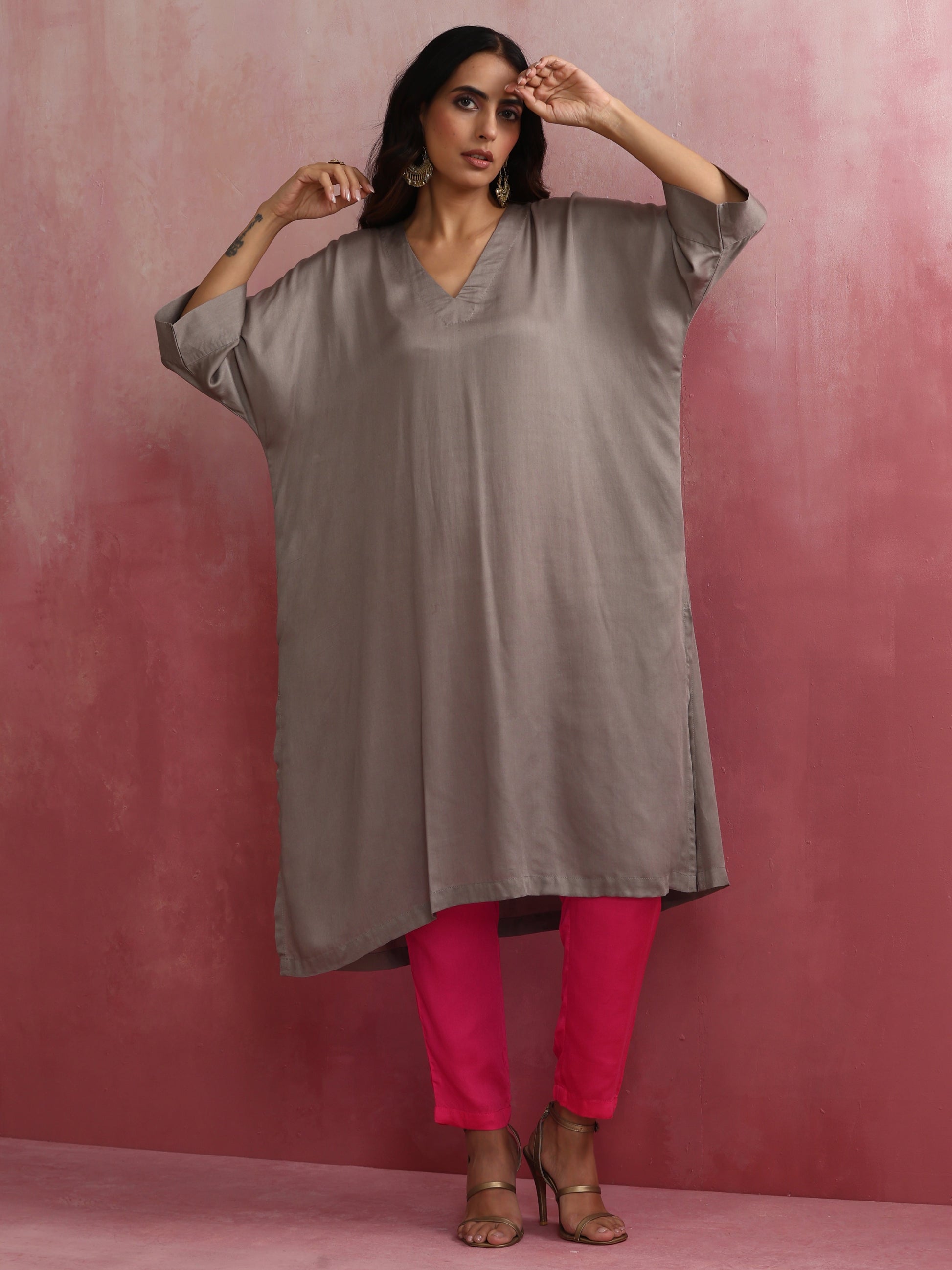 trueBrowns Grey Modal Kimono Kurta Set