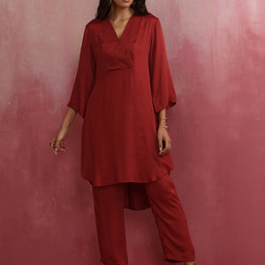trueBrowns Maroon Modal V Neck Kurta Co-ord Set