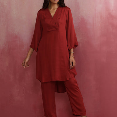 trueBrowns Maroon Modal V Neck Kurta Co-ord Set