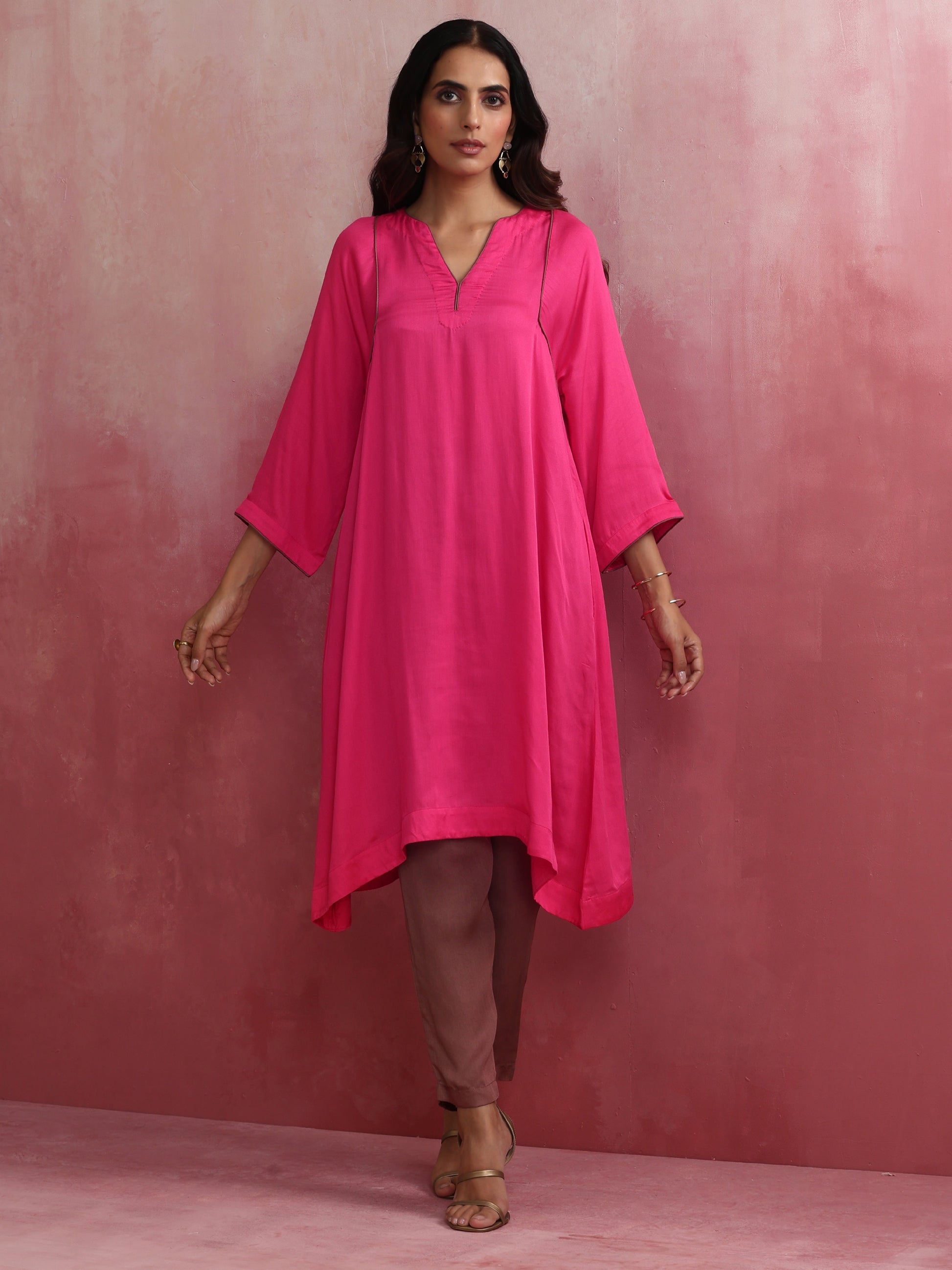 trueBrowns Pink Modal Kimono Kurta Co-ord Set