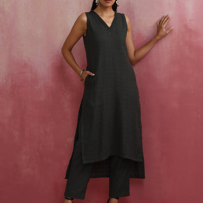 trueBrowns Dark Olive Green Cotton Dobby Kurta Set