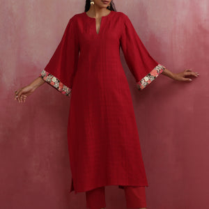 trueBrowns Red Straight Cotton Dobby Kurta Set