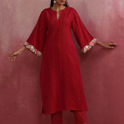 trueBrowns Red Straight Cotton Dobby Kurta Set