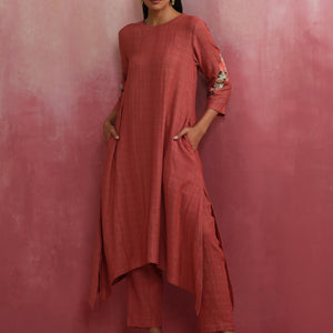 trueBrowns Peach Cotton Dobby Kurta Set