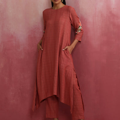 trueBrowns Peach Cotton Dobby Kurta Set