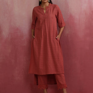 trueBrowns Peach High low Cotton Dobby Kurta Set
