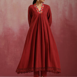 trueBrowns Maroon Cotton Dobby Kurta Set