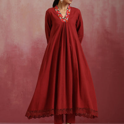 trueBrowns Maroon Cotton Dobby Kurta Set