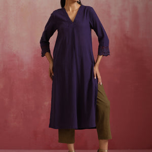 trueBrowns Purple Cotton Dobby Kurta Set