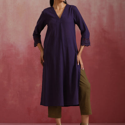 trueBrowns Purple Cotton Dobby Kurta Set
