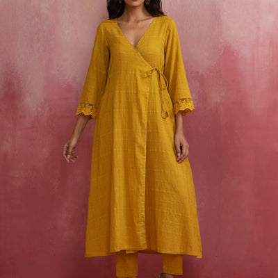 trueBrowns Mustard Cotton Dobby Kurta Set