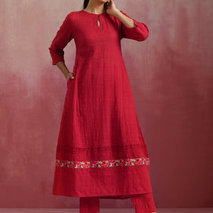trueBrowns Red Cotton Dobby Flared Kurta Set
