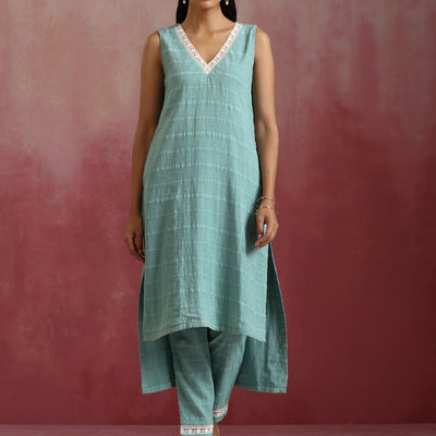 trueBrowns Aqua Blue Cotton Dobby High low Kurta Set