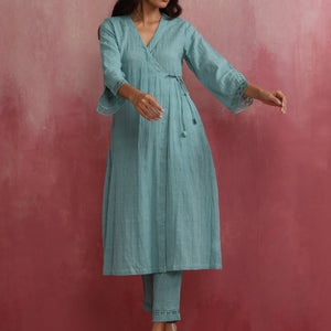 trueBrowns Aqua Blue Cotton Dobby Angrakha Kurta Set