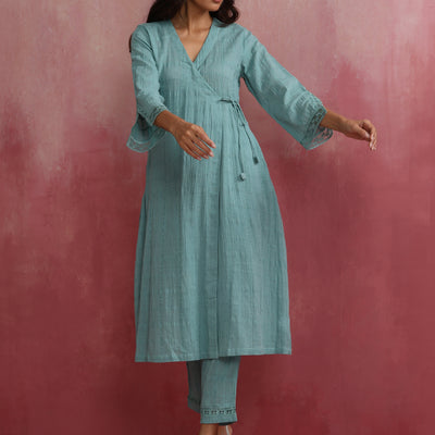 trueBrowns Aqua Blue Cotton Dobby Angrakha Kurta Set