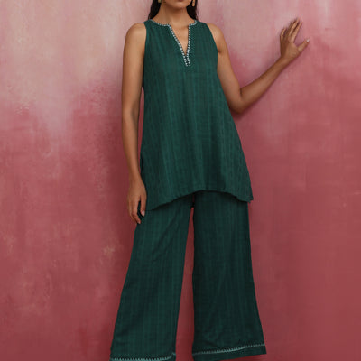 trueBrowns Dark Green Cotton Dobby Co-ord set